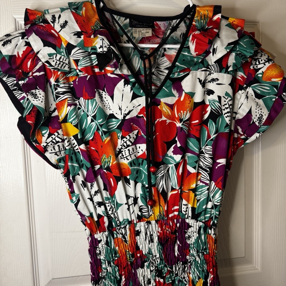 Vintage Diane Freis Original Floral Cotton Midi Dress Smocked Boho 80s Statement - Picture 4 of 5